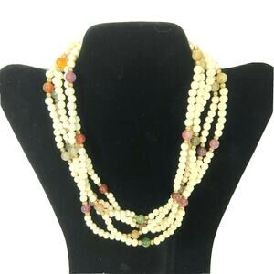 Beaded Multi-Strand Necklace Small White Beads with Colored Glass Beads 18" Vtg